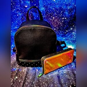Black Pleather Backpack w/ Rainbow Hardware & Matching Pink Iridescent Wallet!